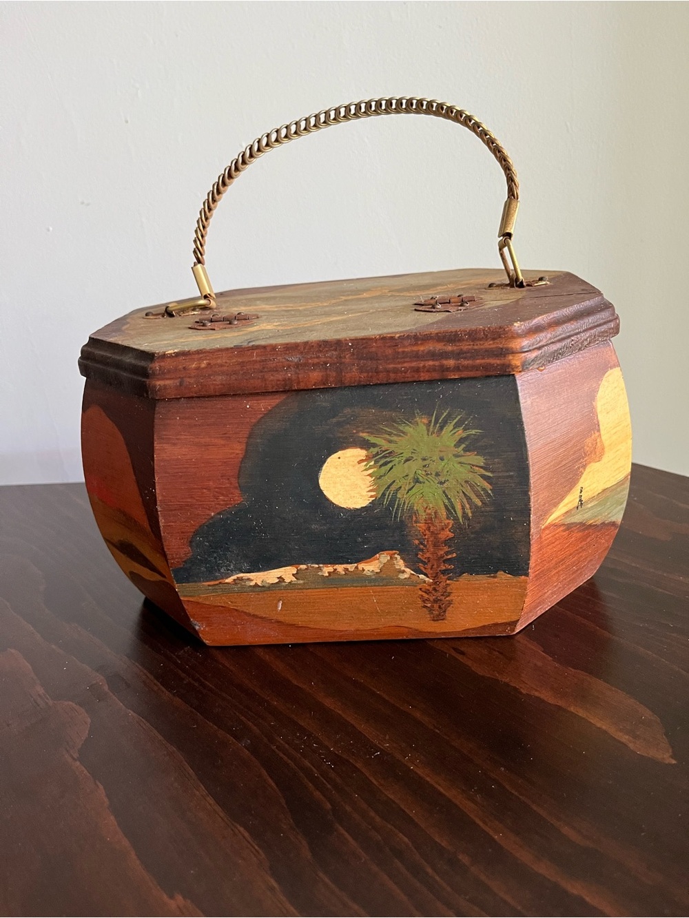 Hand-Painted Wooden Purse with Metal Handle - Picture 3 of 6